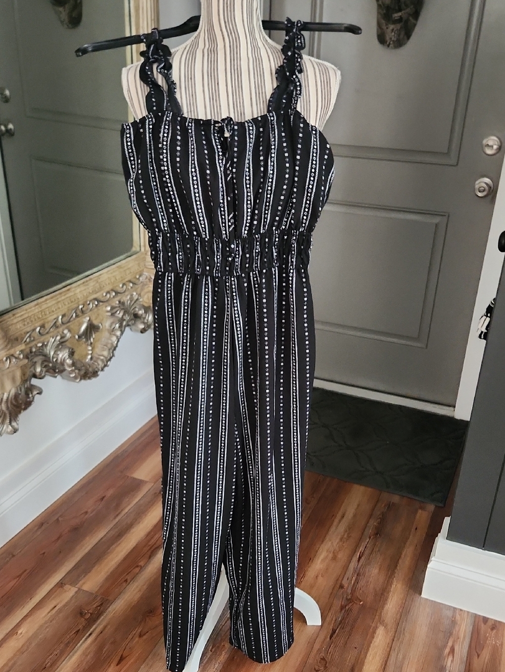Black Striped Smocked-Waist Jumpsuit